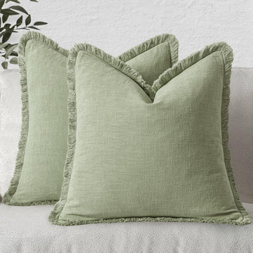 Boho Linen Fringe Decorative Throw Pillow Covers Sage Green 18x18