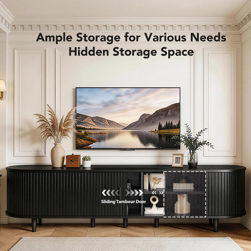 80" TV Stand with Sliding Doors, Mid Century Modern Entertainment Center, TV Console with Fluted Door Cabinets and