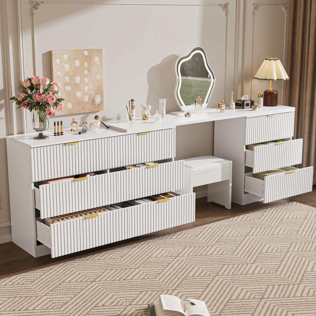 L-Shaped Rotatable 9 Drawer Dresser, 71" Wide Deformable White Dresser with Gold Metal Handles, Modern Fluted Chest