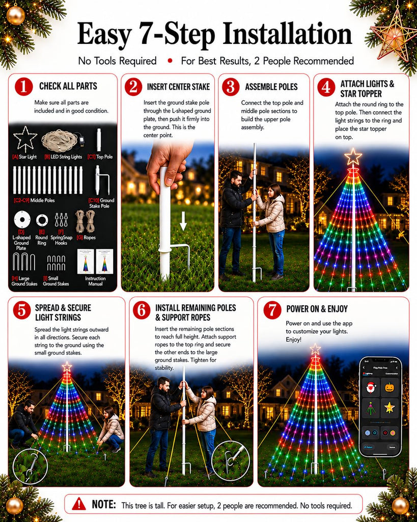 12FT Smart Outdoor Christmas Tree Lights with Sturdy Iron Pole