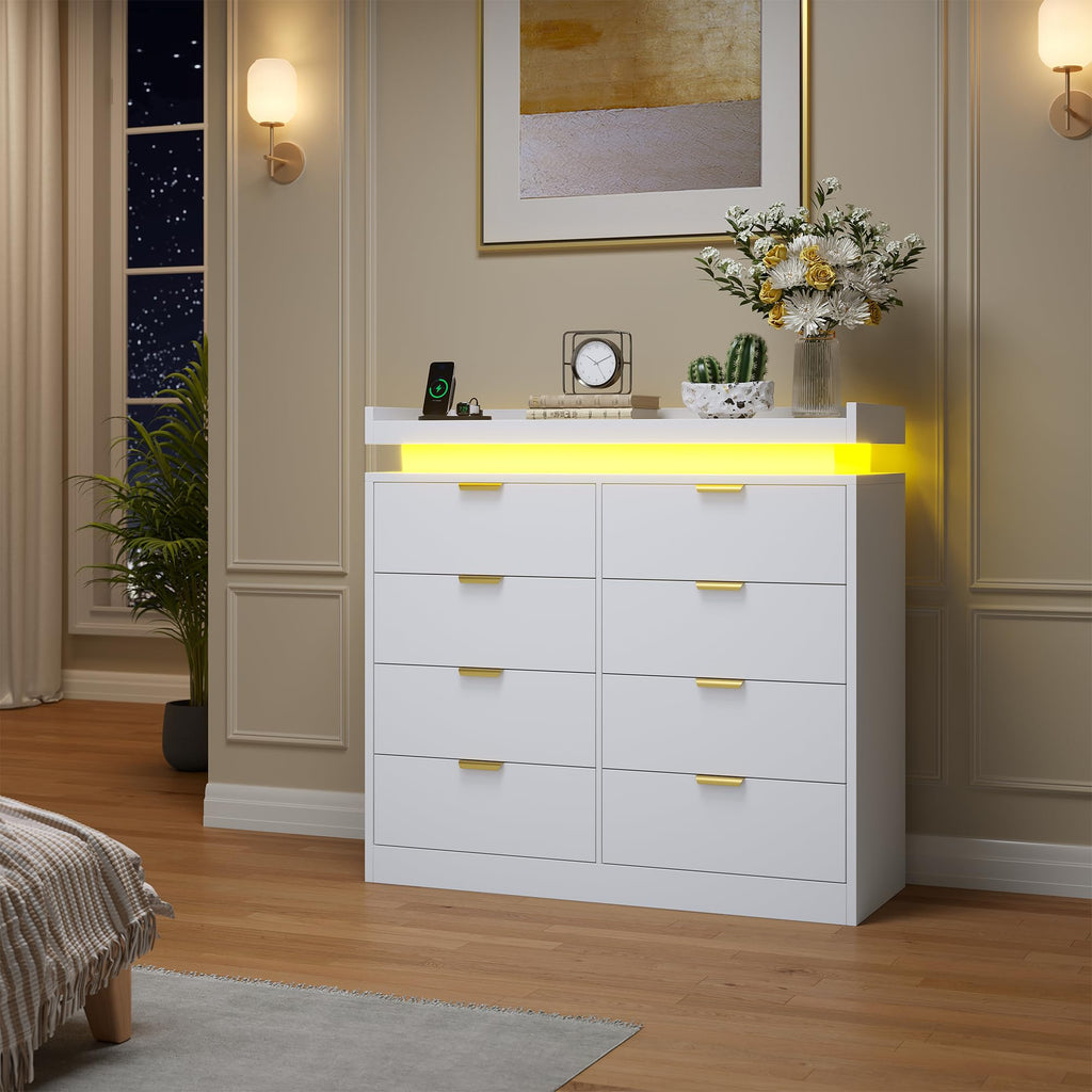 8 Drawer Dresser, White Dresser with LED Lights and Power Outlet, Large Wooden Dressers Modern Chest of Drawers