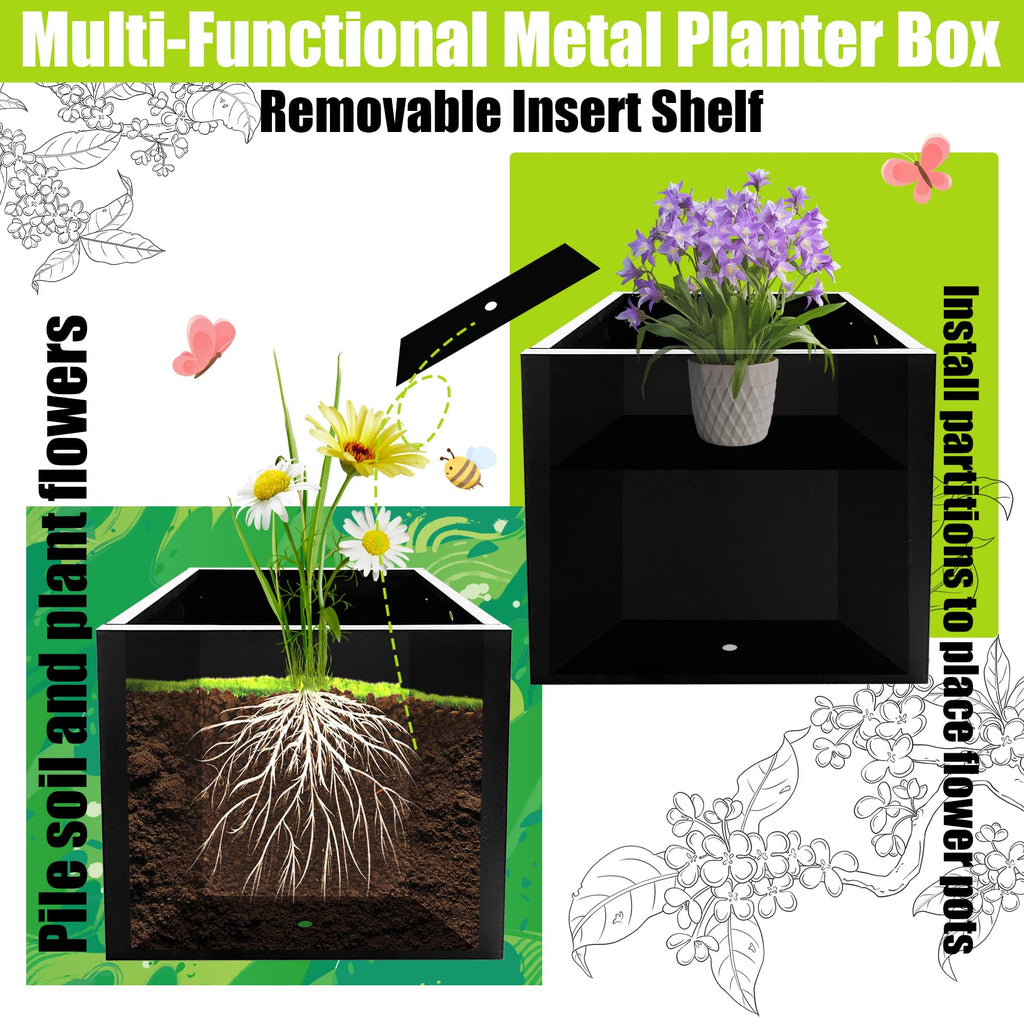 Metal Planter Box 16" x 16" x 16" Large Square Planter Heavy Duty Galvanized Steel Tall Plant Boxes with Insert Shelf