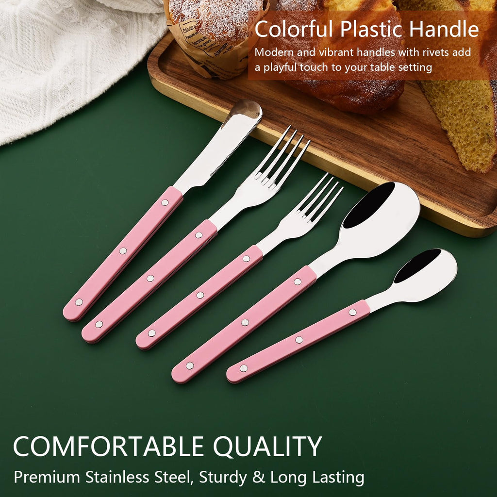 20 PCS Stainless Steel Flatware Set for 4, Silverware Set with Colored Handles, Retro Style Forks Spoons and Knives