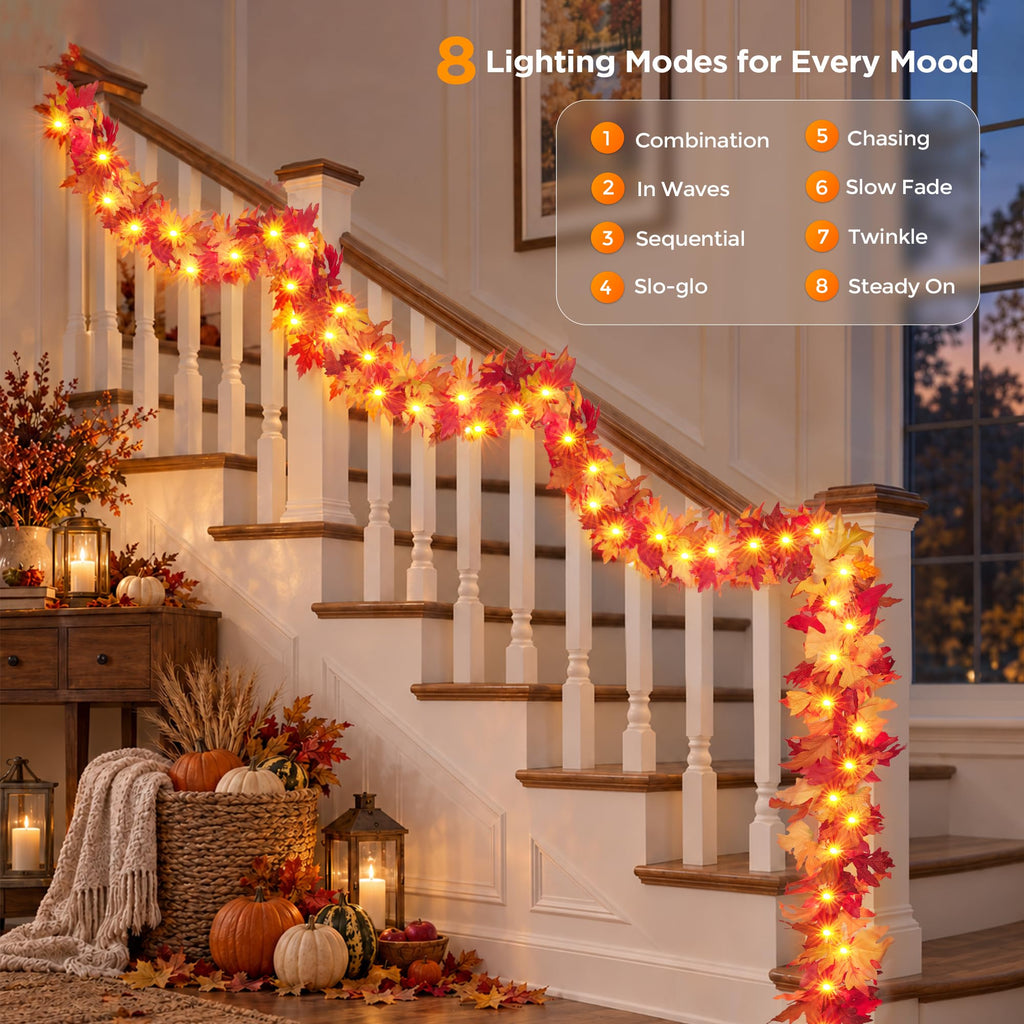 Fall Decorations 18 FT Pre-lit Fall Garland with 100 LED Orange Lights, 8 Lighting Modes, Timer, Battery Operated