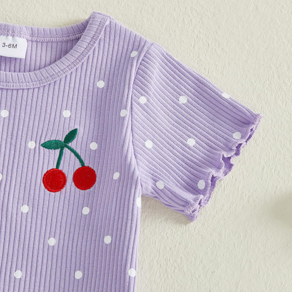 Toddler Baby Girl Summer Outfits Polka Dot Print Ribbed Knit Short Sleeves T-Shirt Tops + Shorts 2Pcs Clothes Set