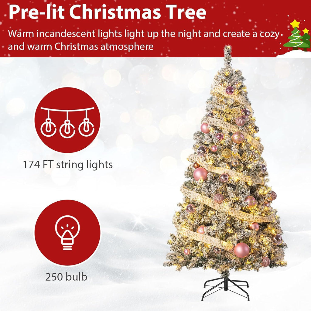 7FT Pre-Lit Artificial Christmas Tree, Hinged Snow Flocked Xmas Tree with 1200 Realistic Branch Tips, Premium Metal