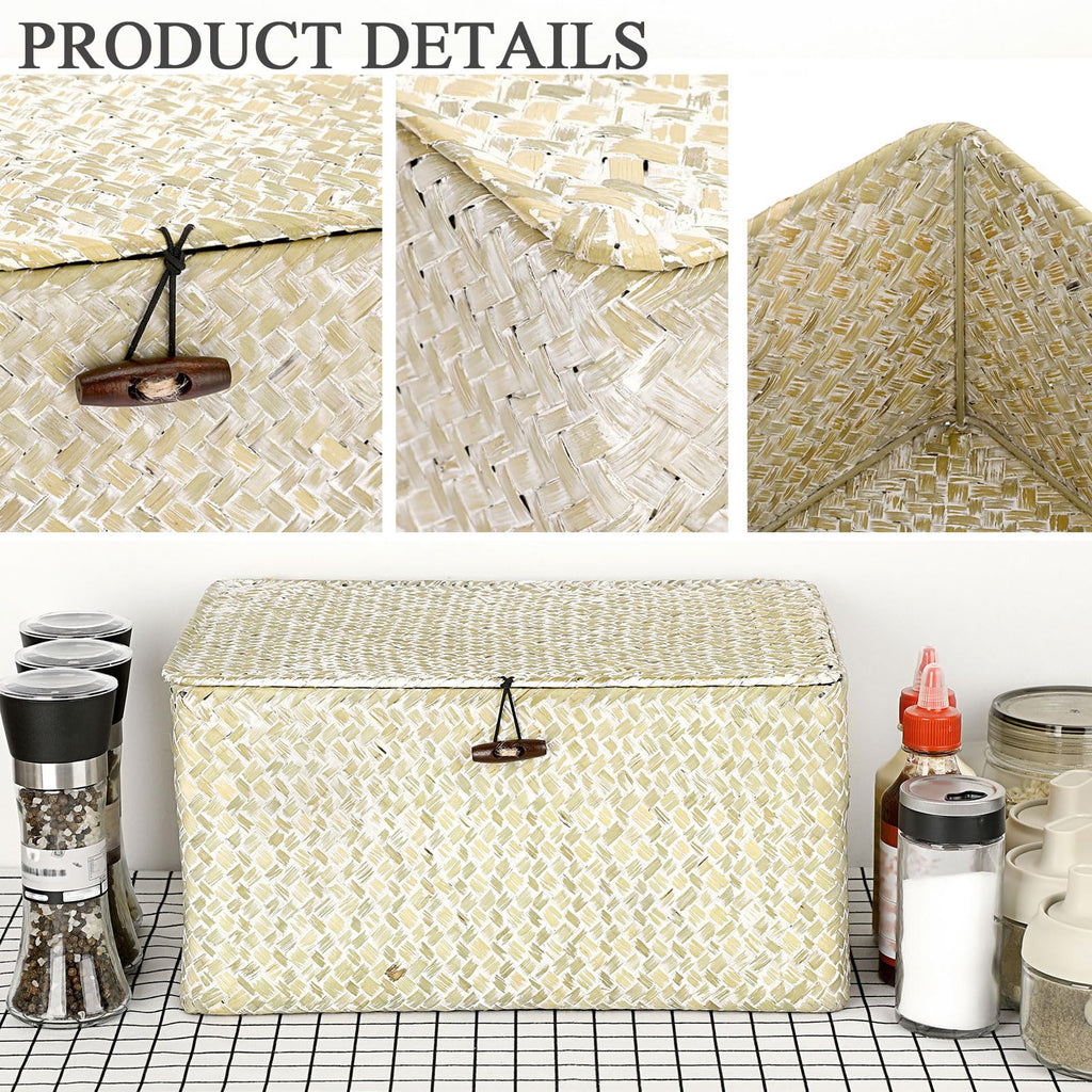 Wicker Shelf Baskets Bin with Lid, Large Seagrass Basket Storage Box