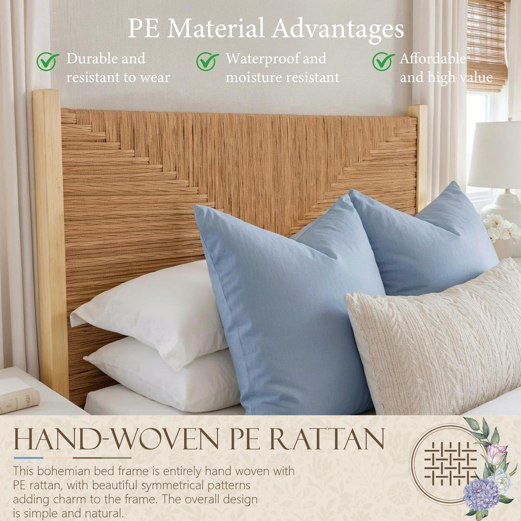 Solid Wood Rattan Bed Frame with Tall Headboard and Footboard, Mid Century Modern Hand-Woven Rattan Bedframe