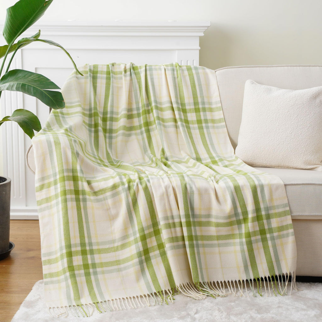 Spring Summer Plaid Throw Blanket for Couch Bed, White Green Stripe Blanket