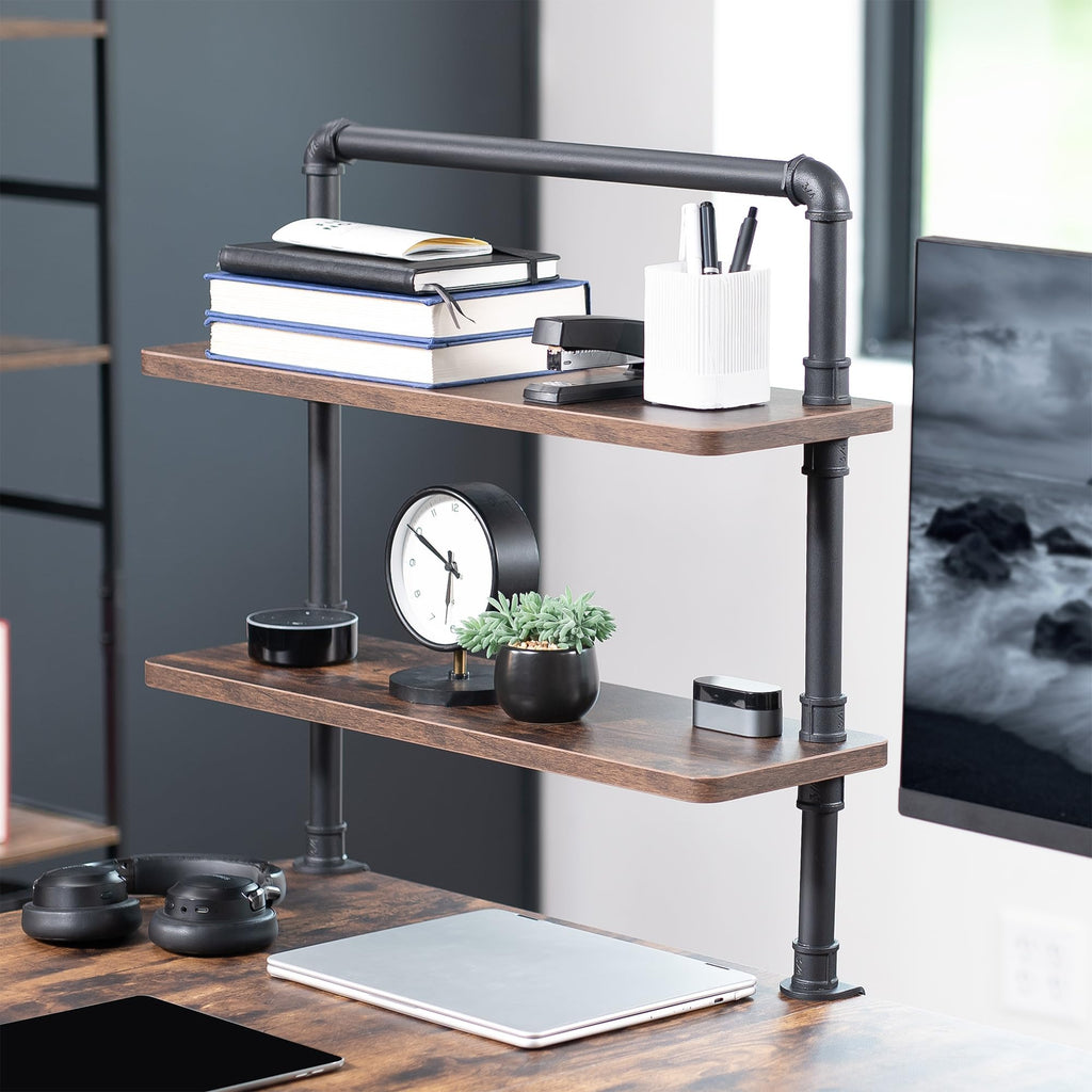 Premium 2-Tier Clamp-on Industrial Pipe Desk Shelf, 24"