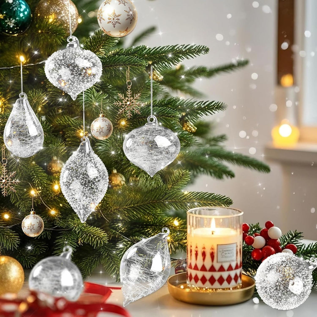 Clear Glass Christmas Ornaments,12-Pc Hand Blown Crystal Ball Decorations - Set of 12