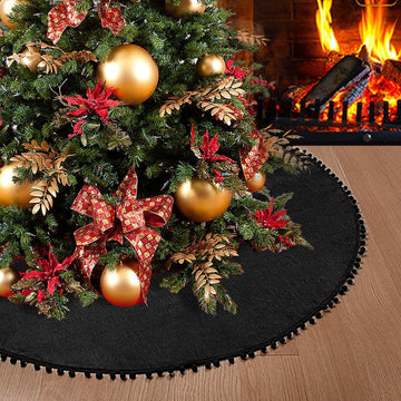 Christmas Tree Skirt, Black Christmas Tree Skirt 48 inches Soft Double Layer Burlap Tree Skirt with Pom Pom