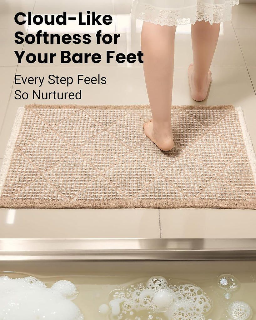 Waffle Bath Mat Set, Non Slip Bathroom Rugs 2 Piece, Brown & White | Ultra Absorbent Long Bath Rug Runner Boho Chic