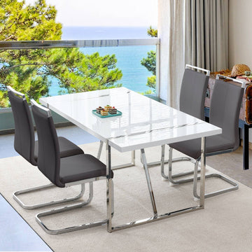 Dining Table Set for 4, White Rectangular MDF Kitchen Table and Leather Dining Chairs Set of 4, 5 Piece Dining Table