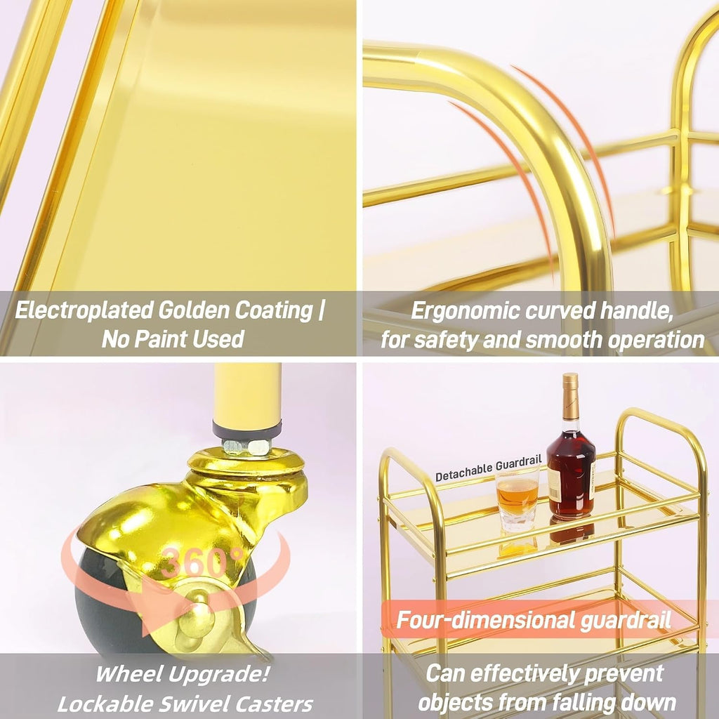 3-Tier Gold Stainless Steel Bar Cart with Lockable Wheels,Home bar | Wheels upgrated,Electroplated golden