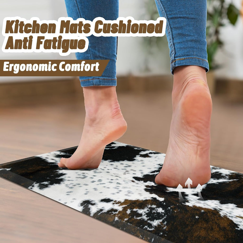 Cowhide Kitchen Mat Cushioned Anti Fatigue, 17.3x47 | 4/5 Inch Thick, Western Cow, Bevel Edge, Non Slip PVC