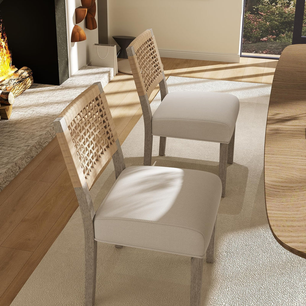 Farmhouse Dining Chairs Set of 4, Upholstered Kitchen Room Chairs with Rattan Back, Solid Wood Woven Back Dining