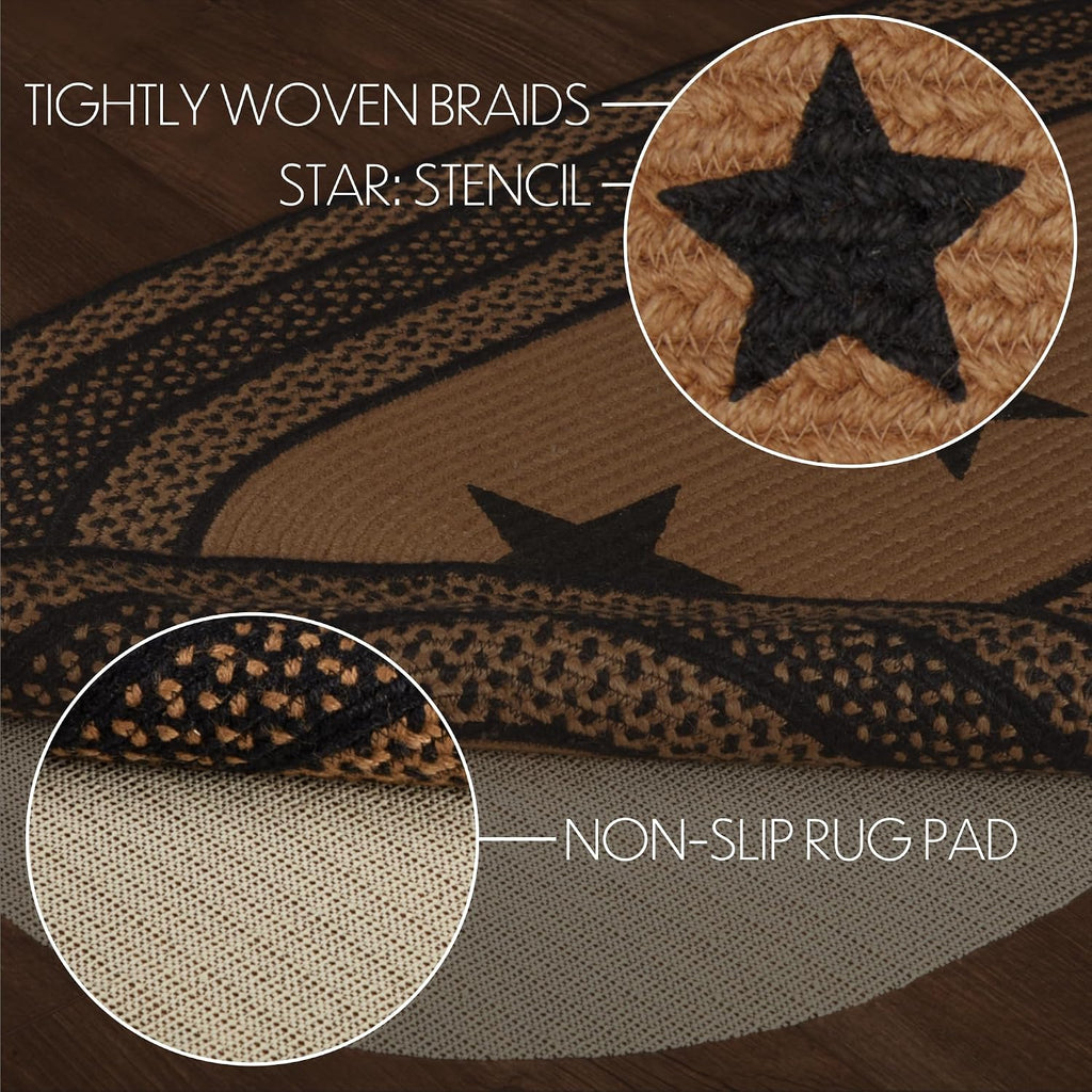 Farmhouse Primitive Jute Black Stenciled Stars Accent Rug Oval w/Floor Pad 27"x48"