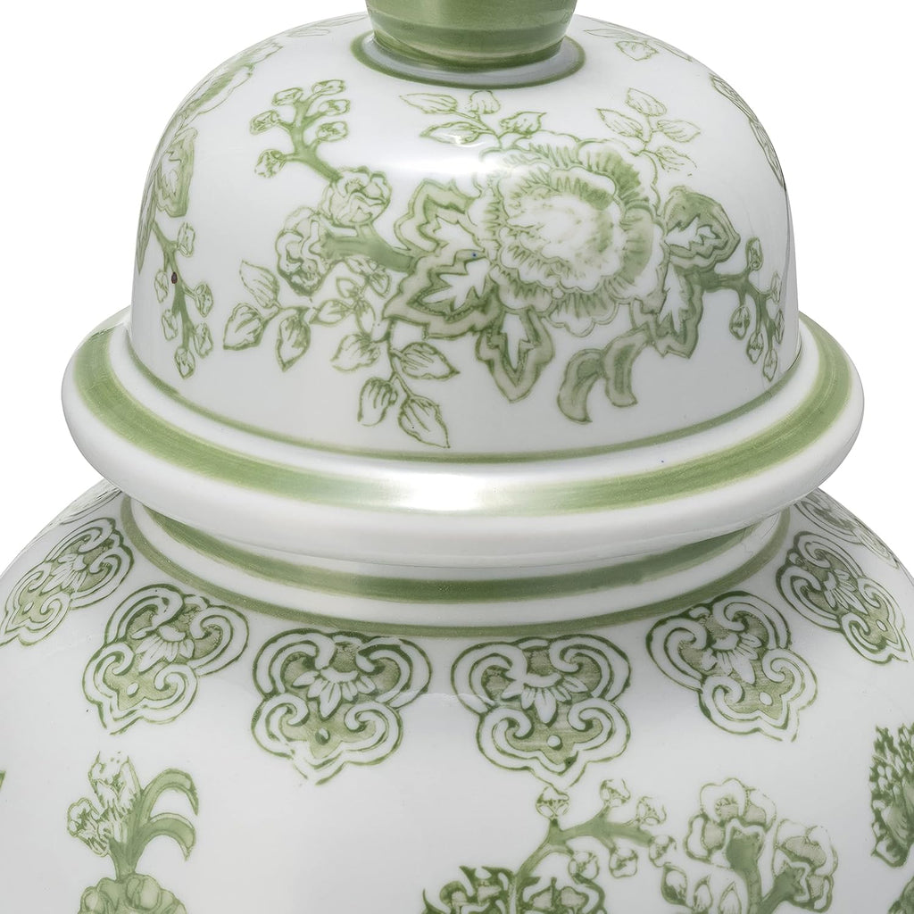 Temple Decorative Jar with Lid - Chinoiserie Ceramic Decorative Stoneware Decor - Modern Centerpiece - 14.25", Green