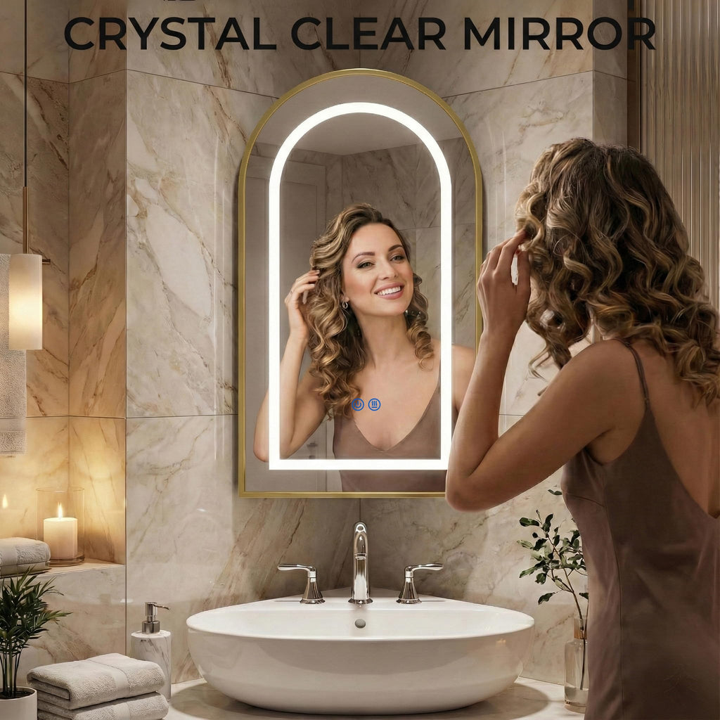 LED Corner Medicine Cabinet with Mirror, One-Touch Defogger, Arched Wall Mount Corner Bathroom Mirrored Cabinets