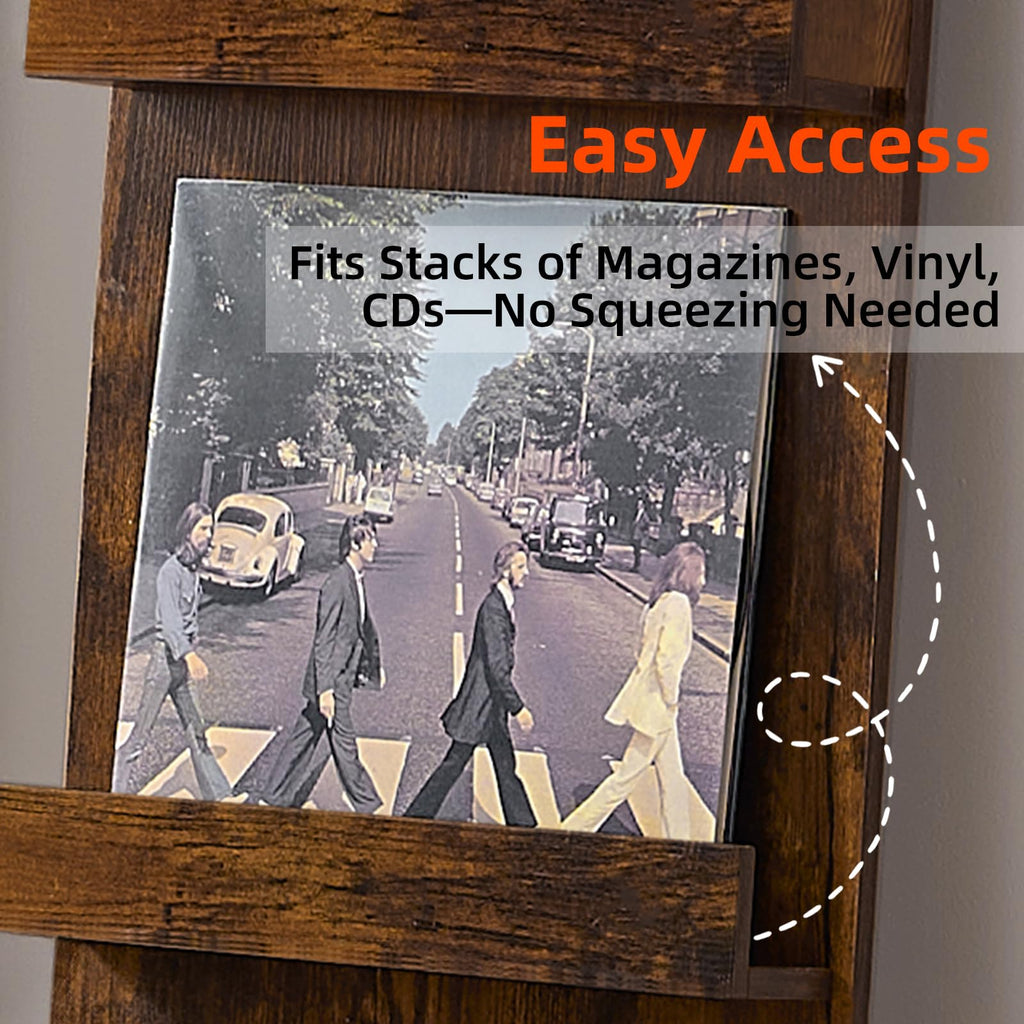Wall-Leaning Vinyl Record Holder Set of 2 with 3 Tier Display Shelf, 47.5'' Tall Record Storage Magazine Holder