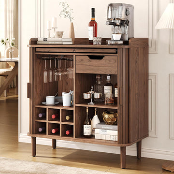 Fluted Bar Cabinet with Storgae, Wine Cabinet, 33" H, Walnut | Coffee Bar Cabinet, Liquor Cabinet, with Charging