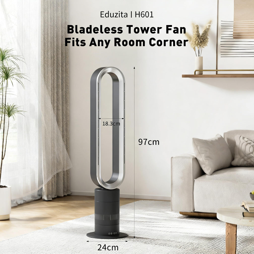 H601 Bladeless Tower Fan, 10 Cooling Speeds, Remote Control, Ultra-Quiet Brushless DC Motor & Commercial Use, Silver