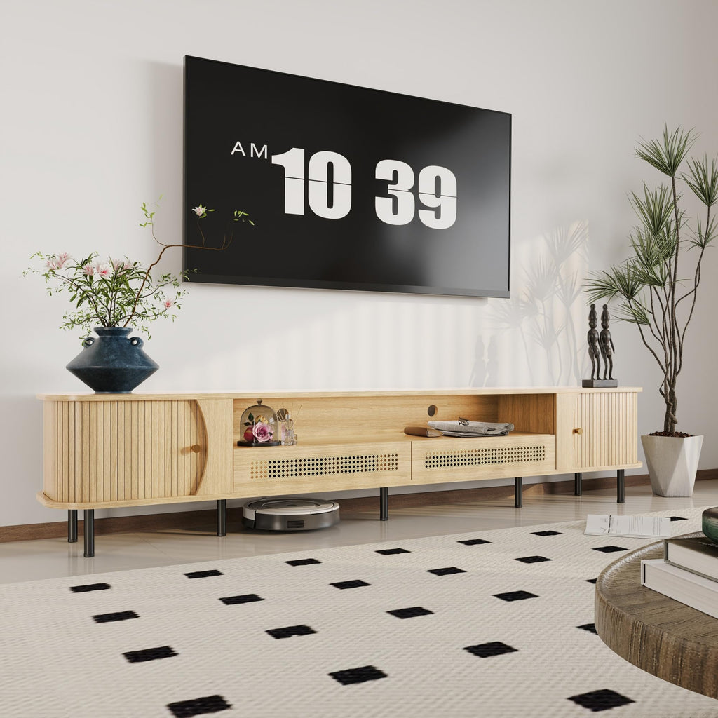 94" Mid Century Modern TV Stand, Wood TV Consoles with Sliding Doors and Rattan Door, Entertainment Center with