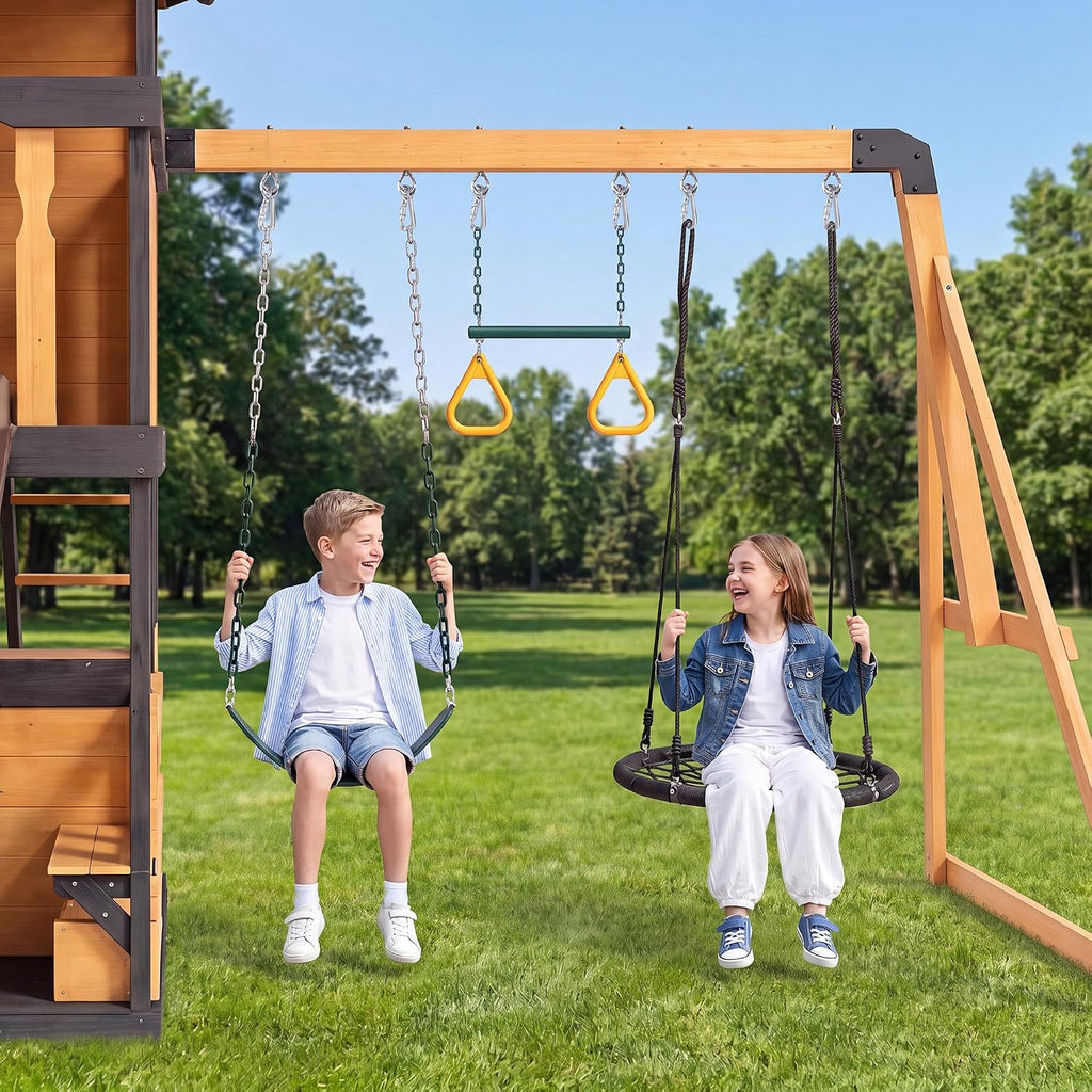 Wooden Swing Sets Playground with Slide Outdoor Playset All-in-One, Natural | Premium Solid Pine Wood, Lets 10