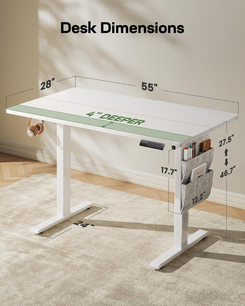55x28 Electric Standing Desk Adjustable Height, Stand up Desk with Storage Bag Computer Desk Memory Preset with