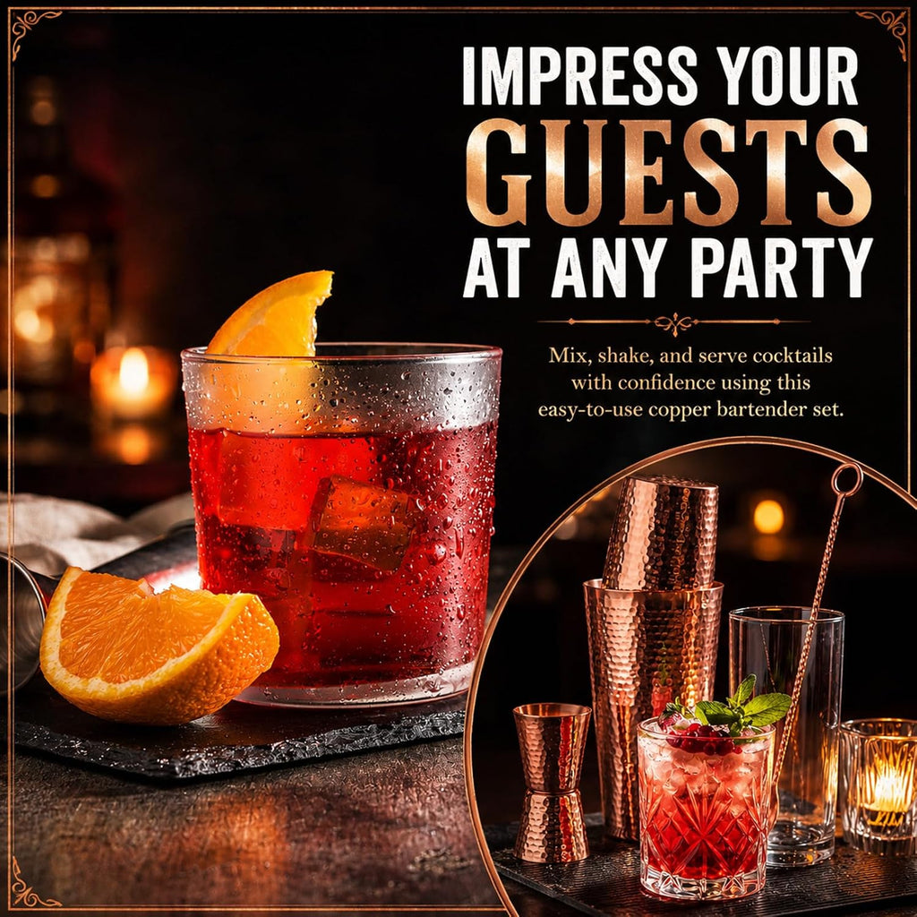 100% Solid Copper Boston Cocktail Shaker Set 16 oz & 25 oz Boston Cocktail 1oz & 2oz Doubleheaded Jigger and 12 - Set of 4