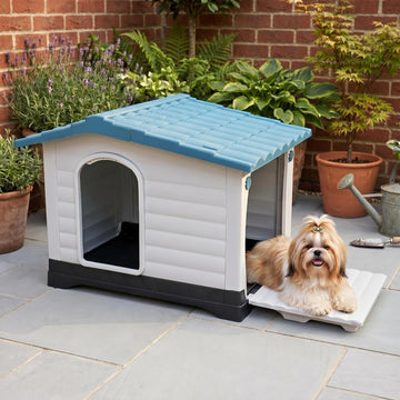 Outdoor Indoor Dog House for Small Dogs, 2-Door Plastic Dog House with Elevated Floor and Air Vents, Weatherproof Pet