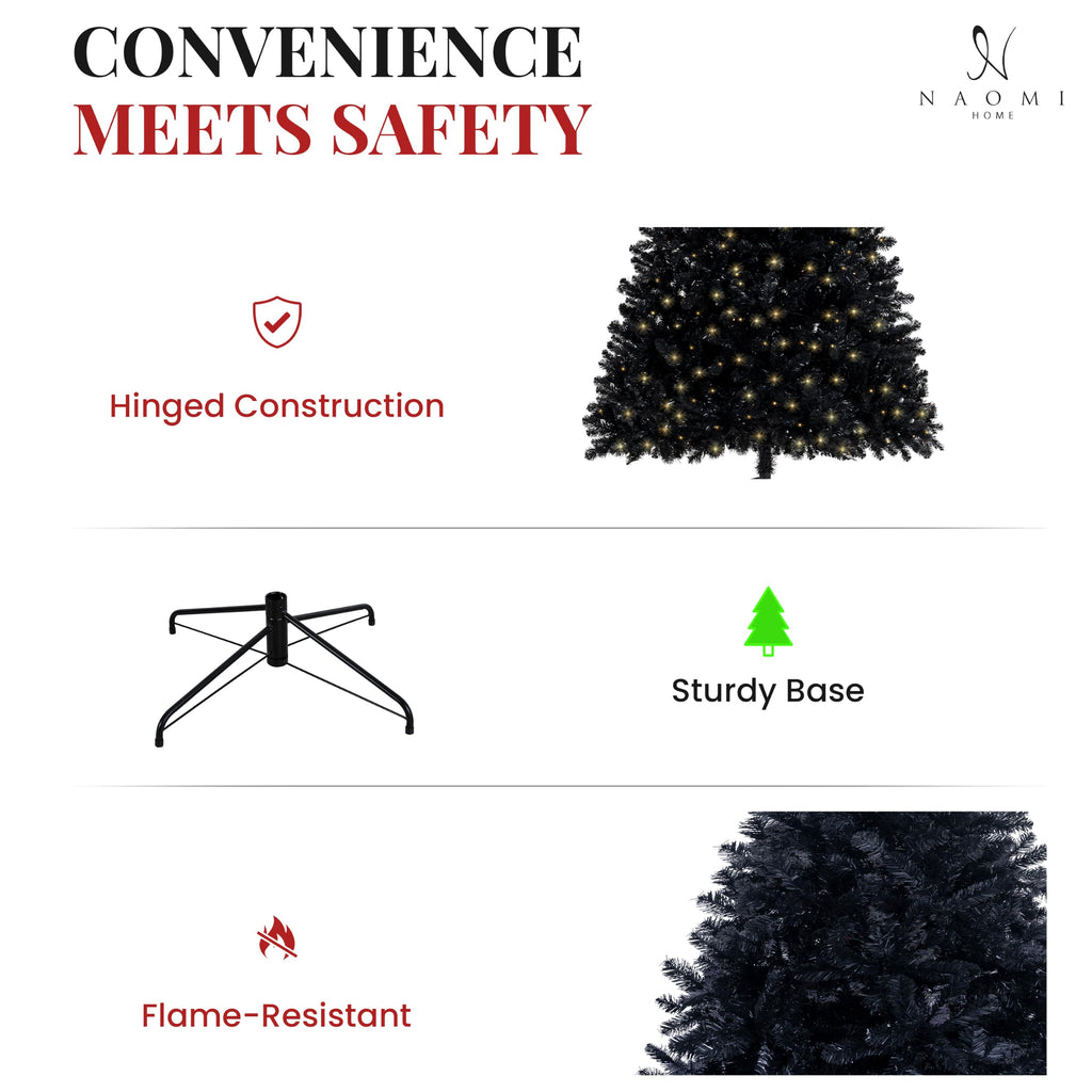 Dakota 7.5 ft Black Pre-Lit Christmas Tree, 600 Warm Lights