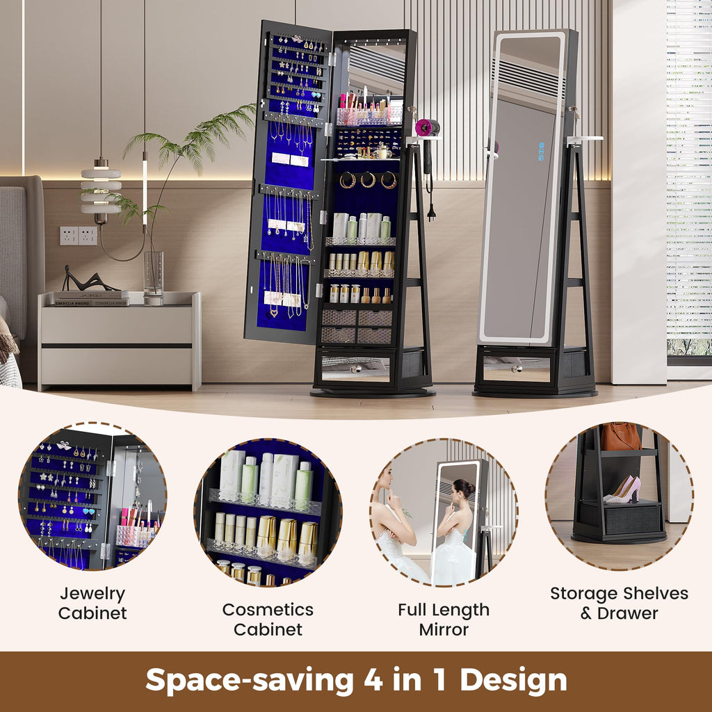 Jewelry Cabinet with LED Mirror, 360° Swivel & Remote Control, Black