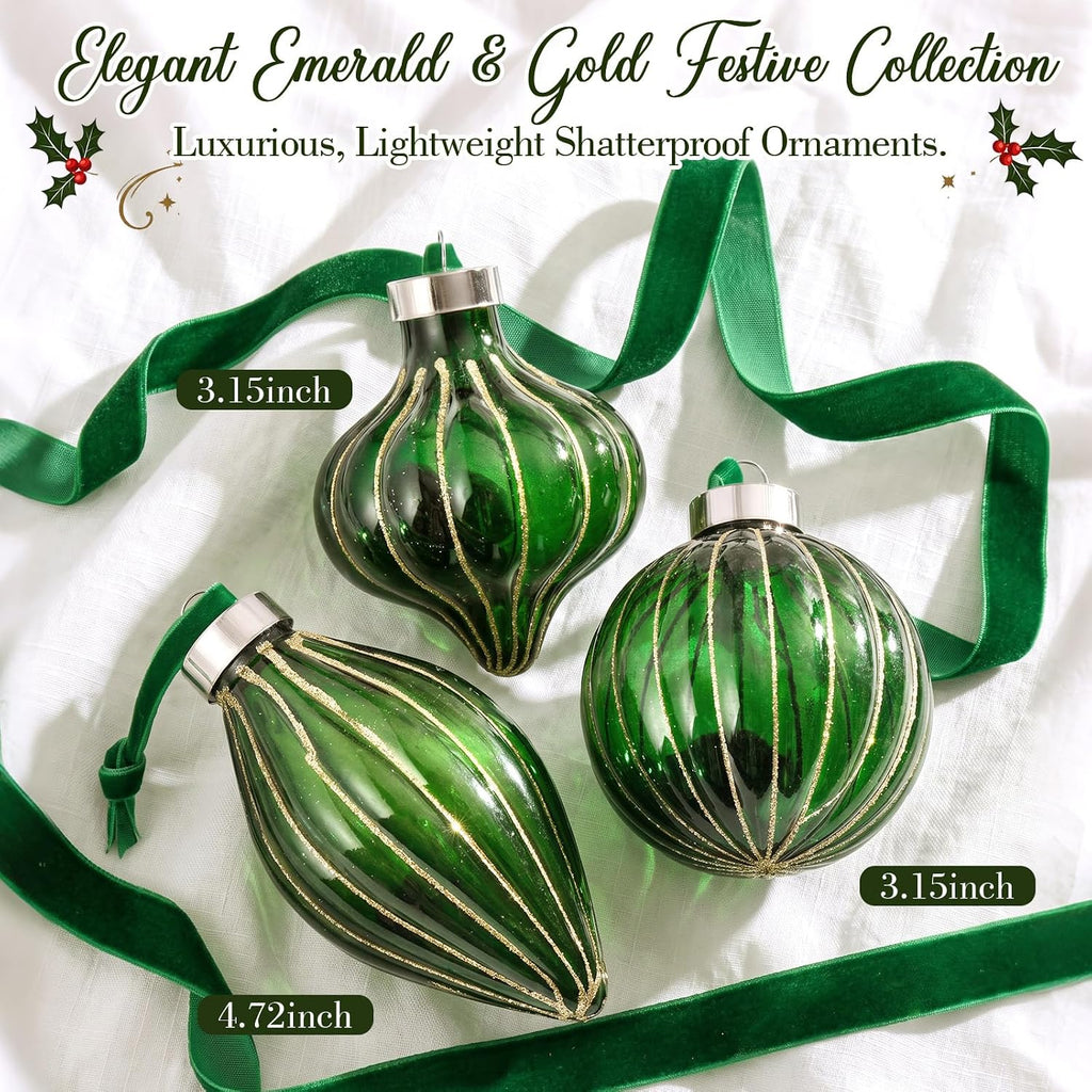 Vintage Neutral Christmas Ball Ornaments, Dark Green - Set of 9