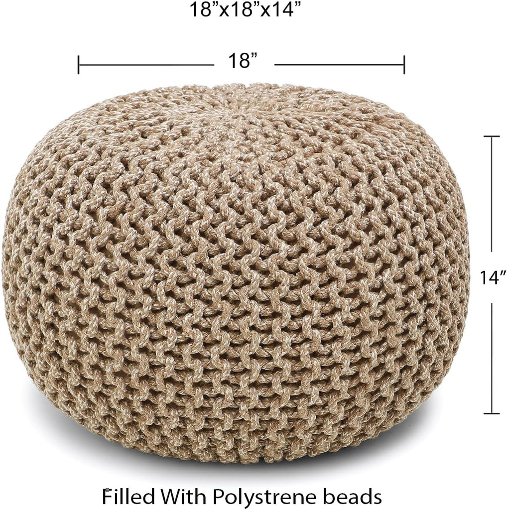 Round Pouf - Hand Knitted Boho Poof - Beige Ivory, Set of 2