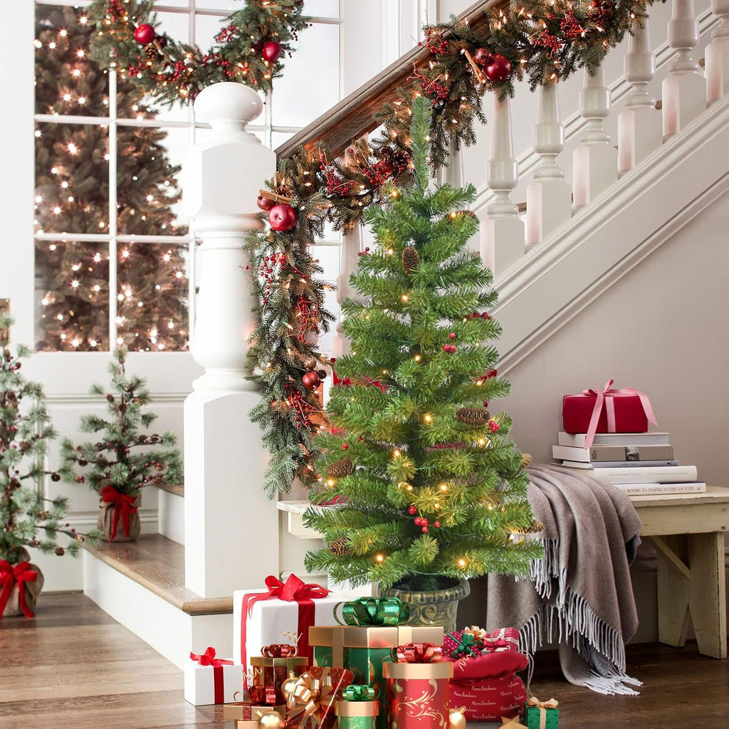 4FT Artificial Potted Christmas Tree with Lights, Pre-lit Mini Christmas Tree with 50 LED Lights, Small Fake Spruce
