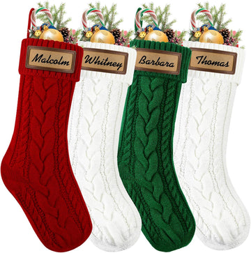 4Pack with Leather Patches,18" Personalized Hanging Large Cable Knitted Name Xmas Red Green White Stockings