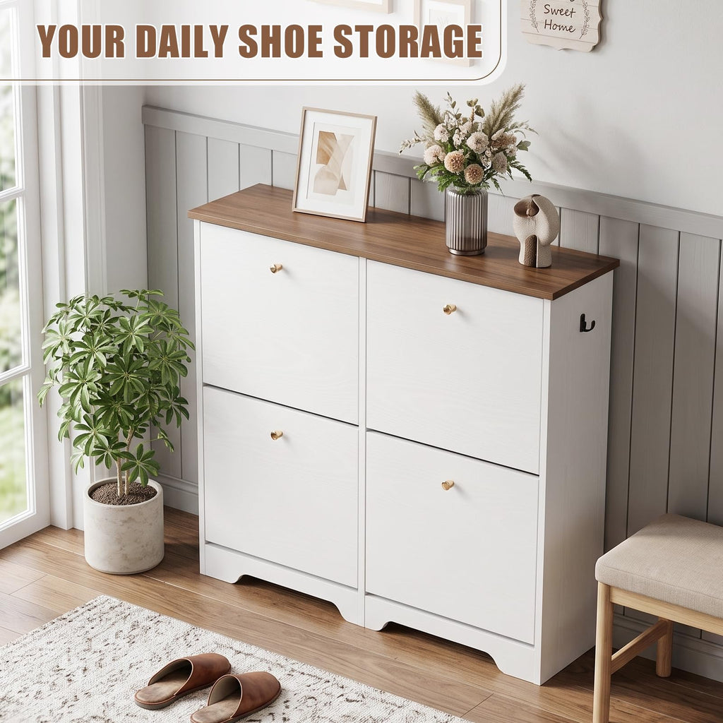 Shoe Cabinet, 4 Flip Drawers Slim White with Walnut Top Entryway