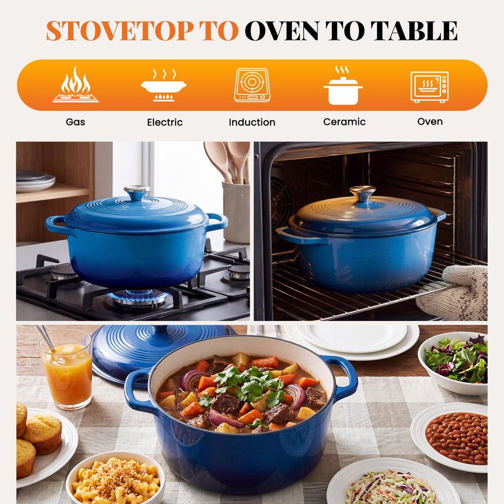 6 Qt Enameled Cast Iron Dutch Oven Pot with Lid, Blue