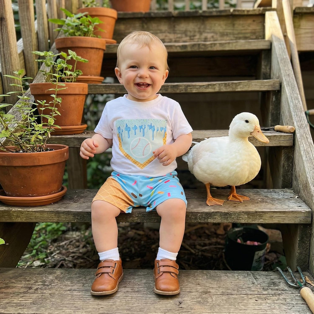 Toddler Baby Boy Summer Outfits Short Sleeve Ice Cream Baseball T-Shirt with Shorts 2Pcs Casual Clothes Set