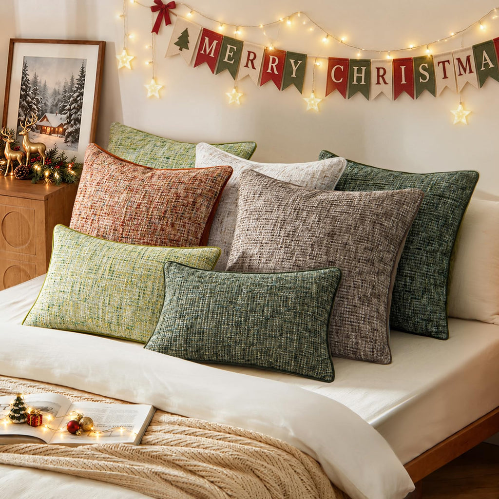 Green Reversible Pillow Covers 2 Pack - Farmhouse Chenille Velvet Throw Pillows, Neutral Textured Decorative Throw