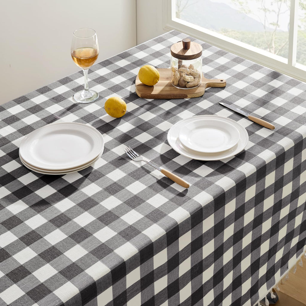 Gingham Rectangle Tablecloth with Tassel, Black, 55" x 120"