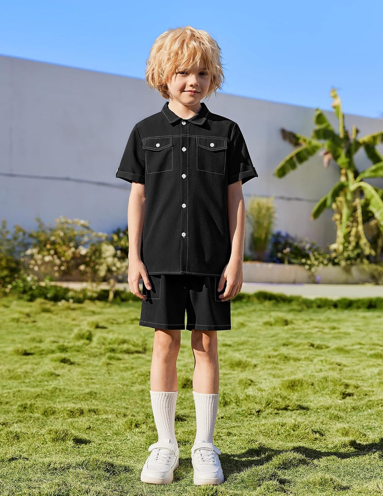 Boys' Woven Shorts Set Academic Style Button Down Shirt and Denim Shorts Outfits Casual yet Dressy Clothes