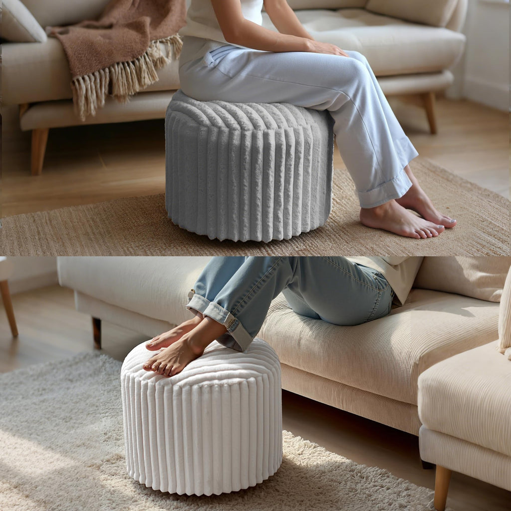 Round Stuffed Pouf Ottoman, Stripe Faux Fur Footrest, Solid Block Support+Soft Cushion Comfort, Removable Washable