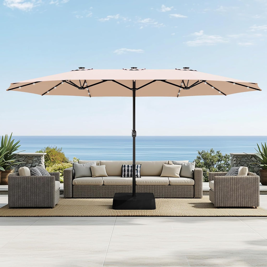 15ft Extra Large Outdoor Patio Umbrella with Solar Lights & Base, Beige | Rectangular Outdoor Umbrella