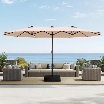 15ft Extra Large Outdoor Patio Umbrella with Solar Lights & Base, Beige | Rectangular Outdoor Umbrella