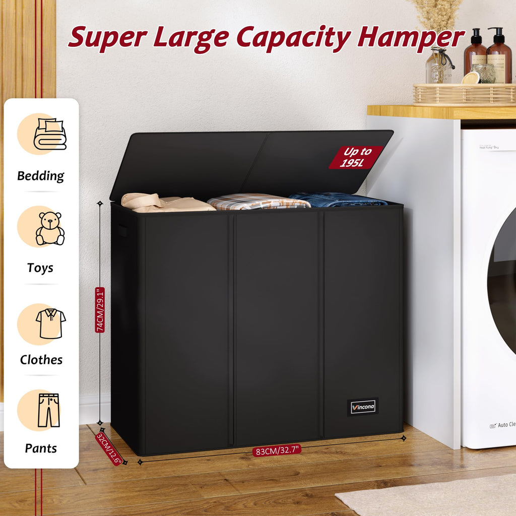 195L Laundry Hamper 3 Section,Large Laundry Hamper with Lid,Dirty Clothes Hamper with 3 Inner Bags,Collapsible