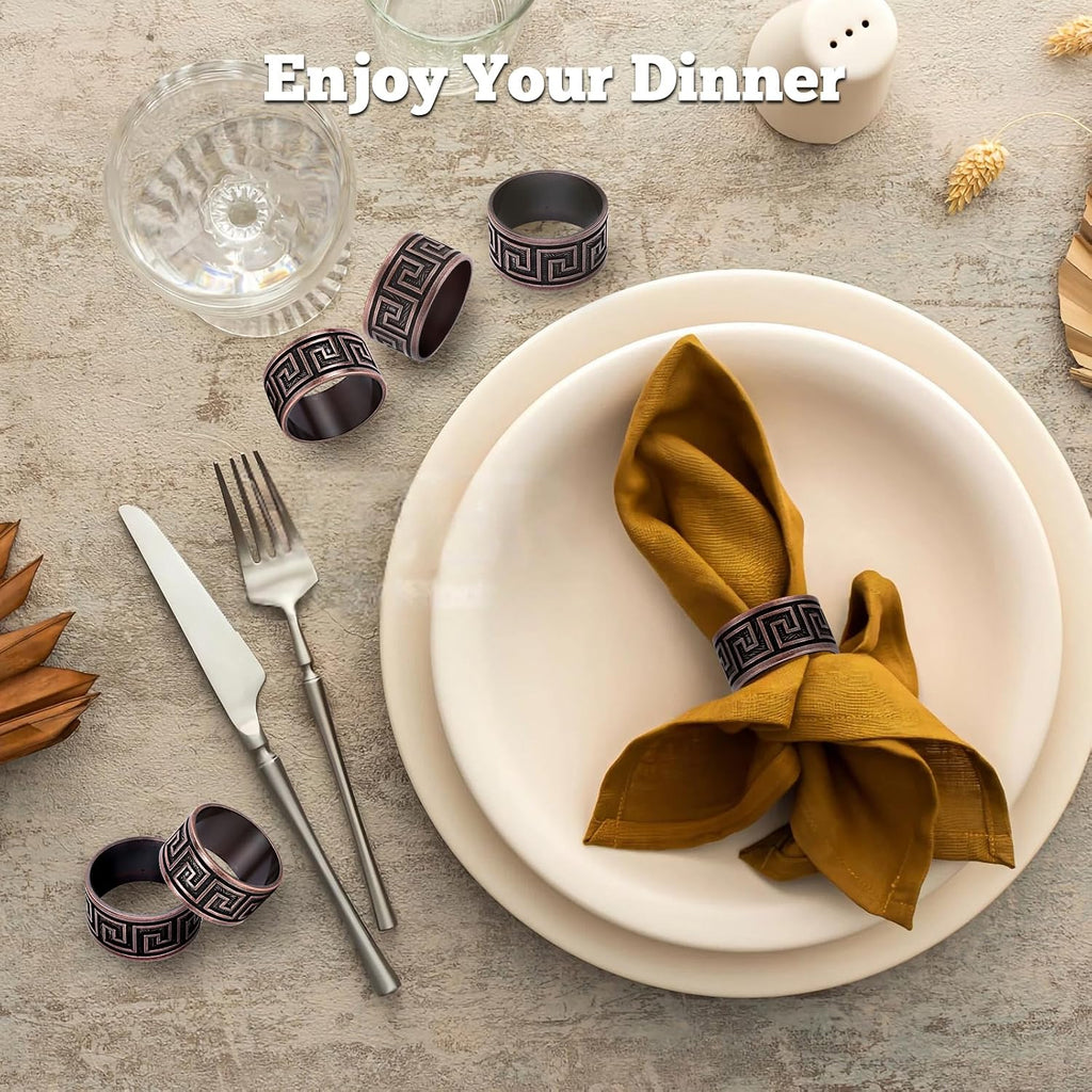 Bronze Napkin Rings, Premium Meander Napkin Rings Bulk, Greek Key Napkin Ring Bronze Alloy Holders - Set of 12