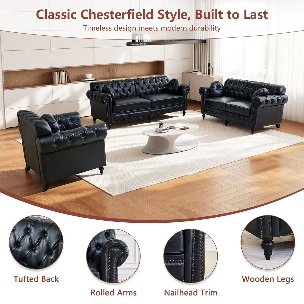 Chesterfield Chair, High Back Modern Faux Leather Couch with Button Tufted, Nailhead Trim, Rolled Arms, Extra Round